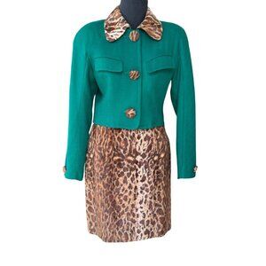 Vintage Mod-Style Skirt Suit Set Kelly Green Cropped Jacket Leopard Skirt Size S